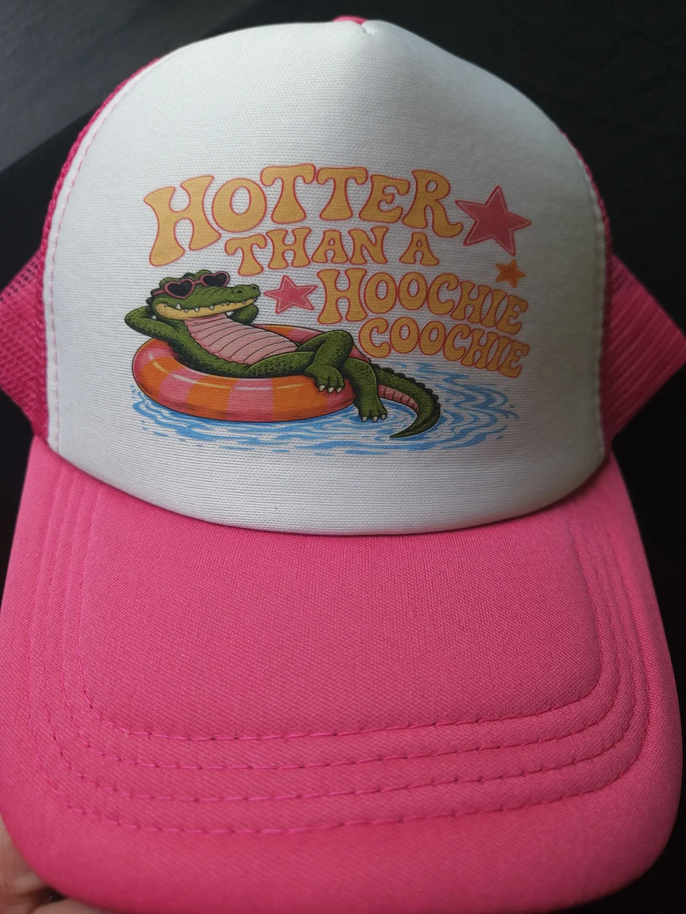 Handmade Pink Light Weight Trucker Hat with Retro Alligator Graphic